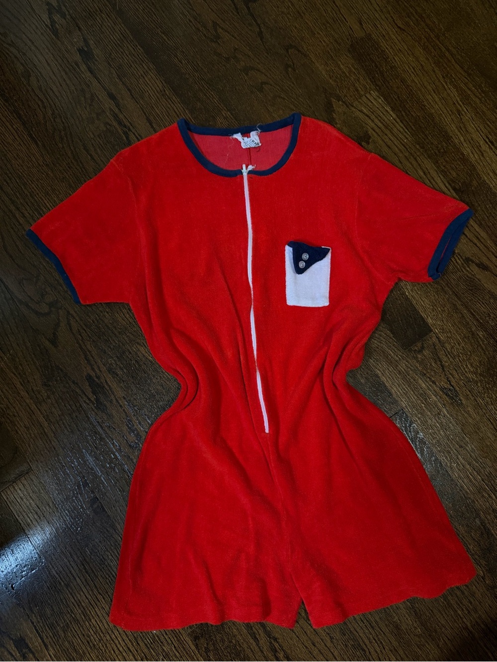 Vintage 1970s-1980s Terry Playsuit Red Short-Sleeve Romper with Navy Trim